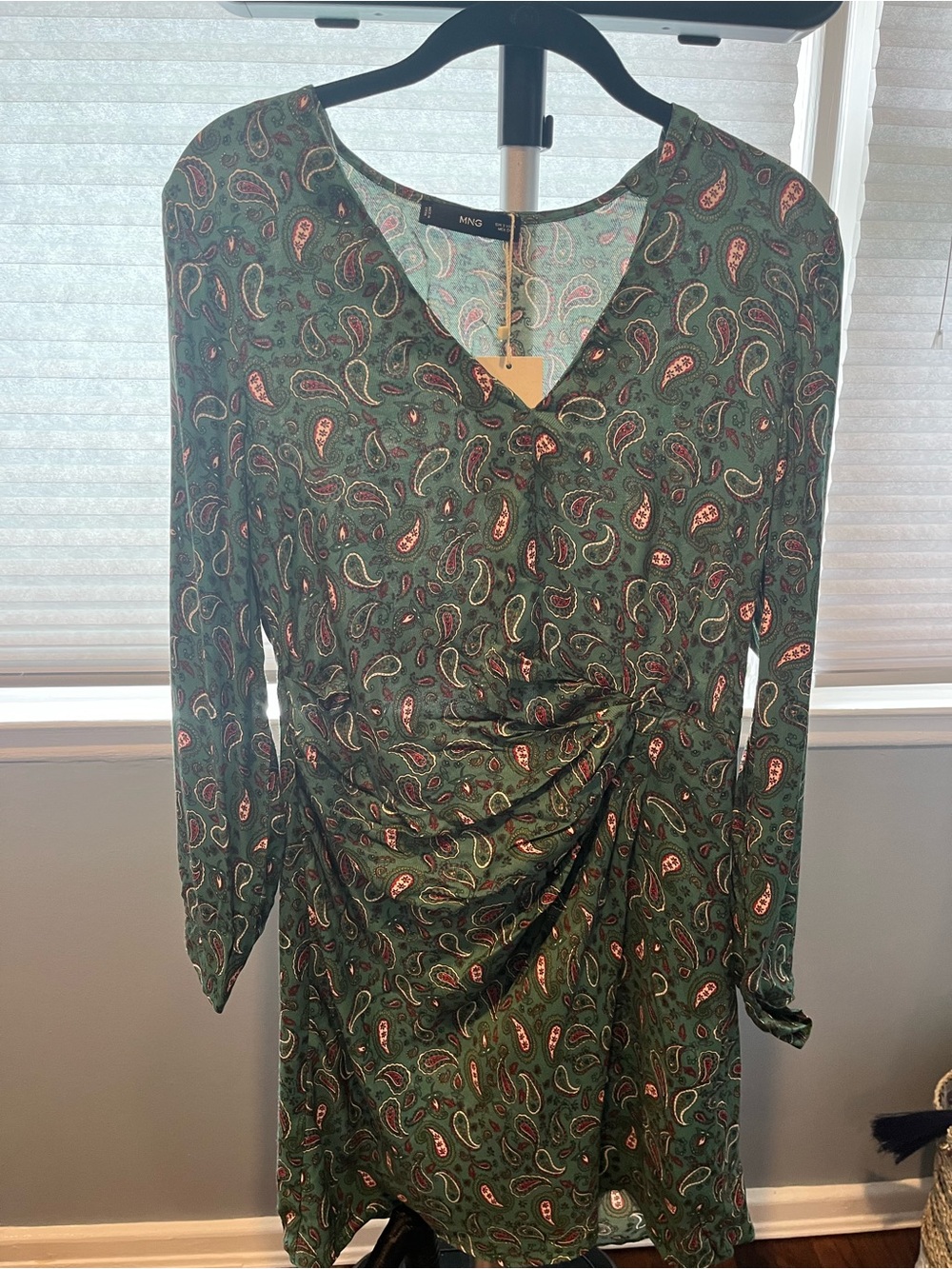 NEW Mango Green Paisley V-Neck Long Sleeve Wrap Dress - Small - Picture 2 of 9